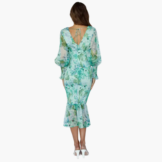 Puff Sleeve Midi Dress for Women - V Neck Floral Style