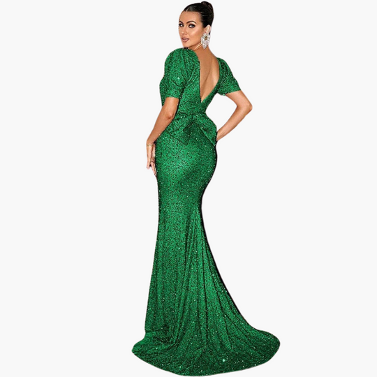 Evening dress with puff - sleeves & sequins for women V-neck maxi