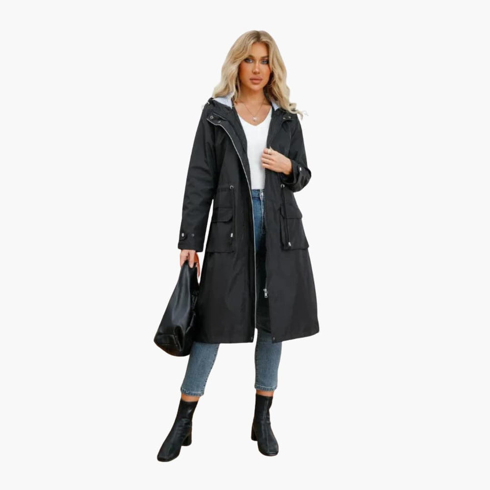 Women’s hooded trench coat with zip and drawstring waist