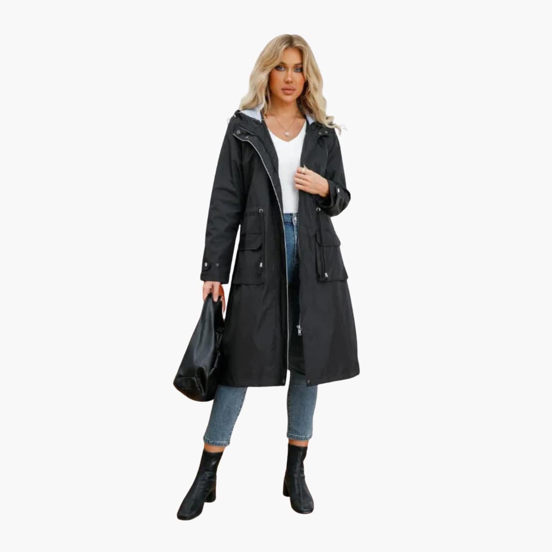 Women’s hooded trench coat with zip and drawstring waist