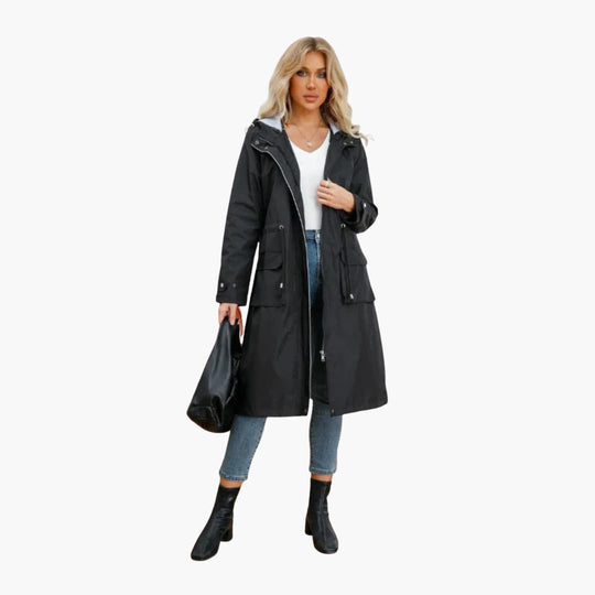 Women’s hooded trench coat with zip and drawstring waist