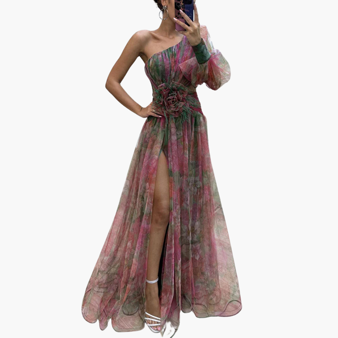 Elegant One-Shoulder Dress for Women - Floral Design with Slit
