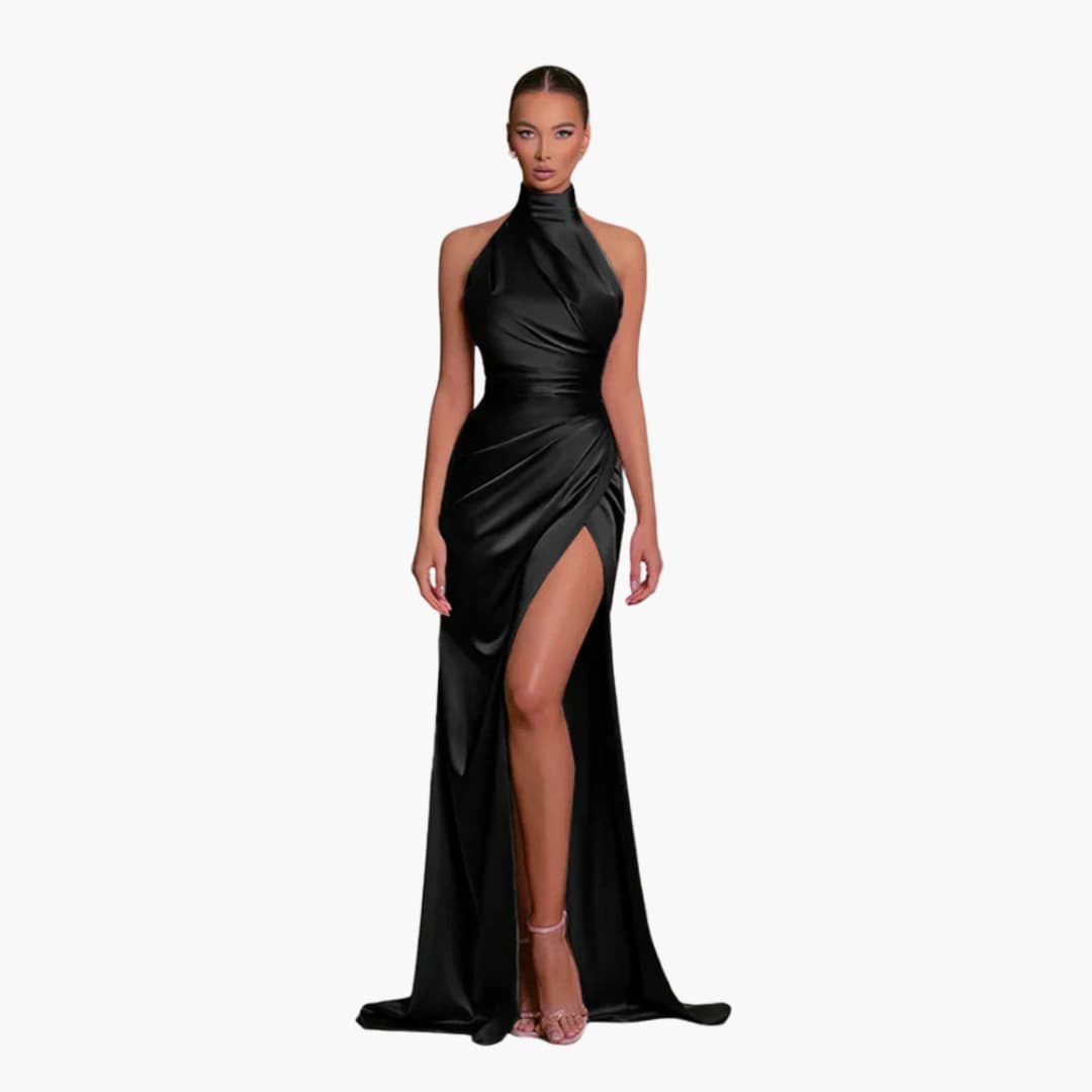 Satin Evening Dress for Women - Halter Neck High Slit Gown