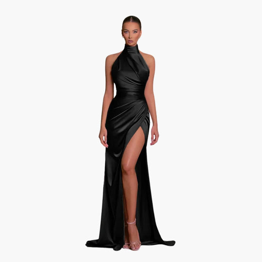 Satin Evening Dress for Women - Halter Neck High Slit Gown