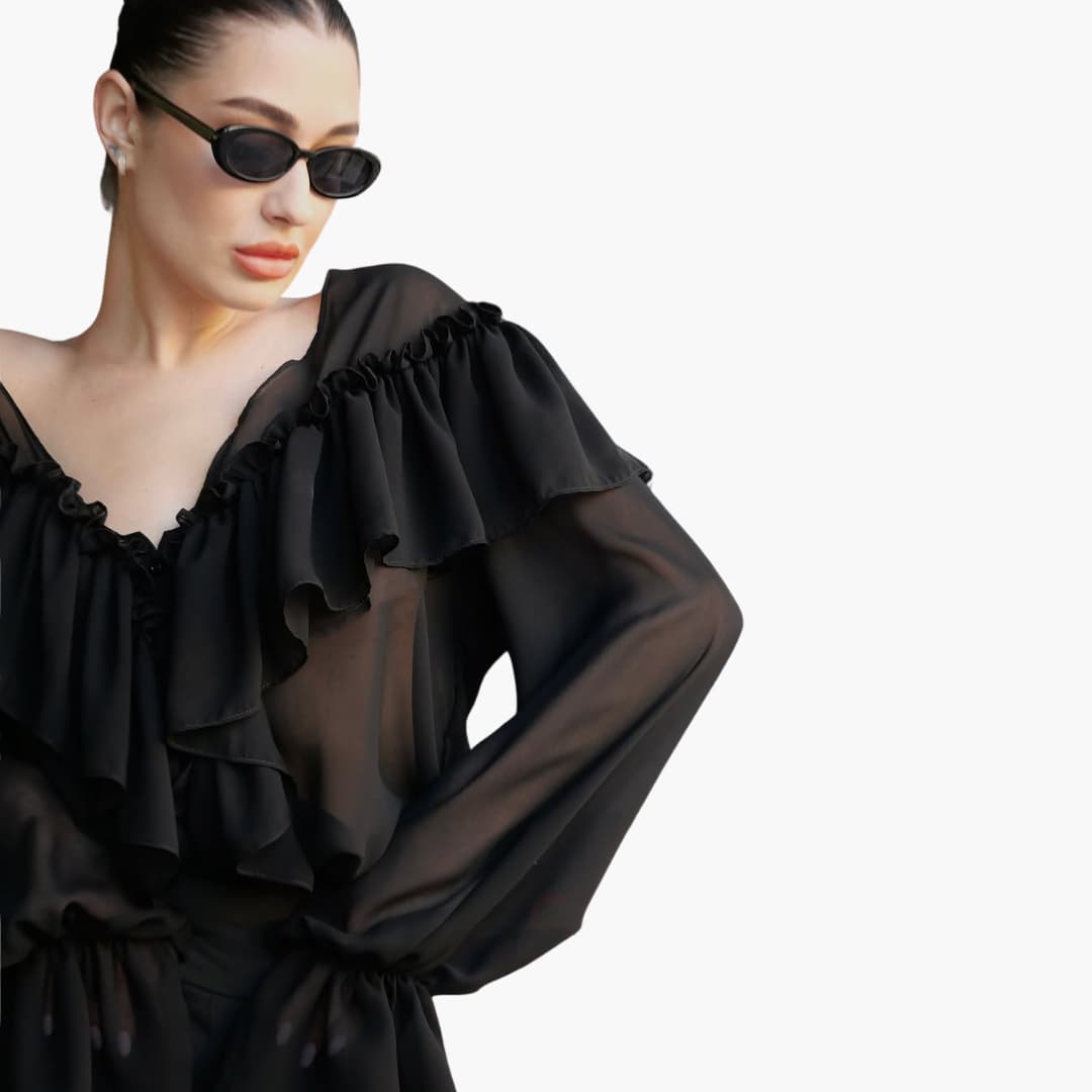 Women’s chiffon long sleeve blouse with V-neck and ruffles