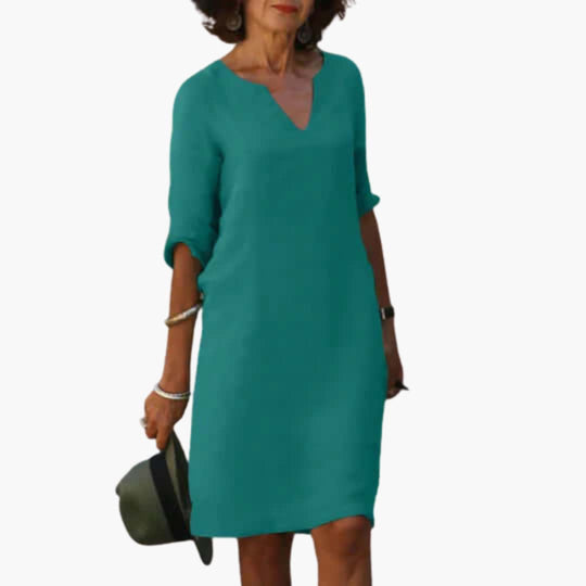 Women’s knee-length dress with V-neck and 3/4 sleeves