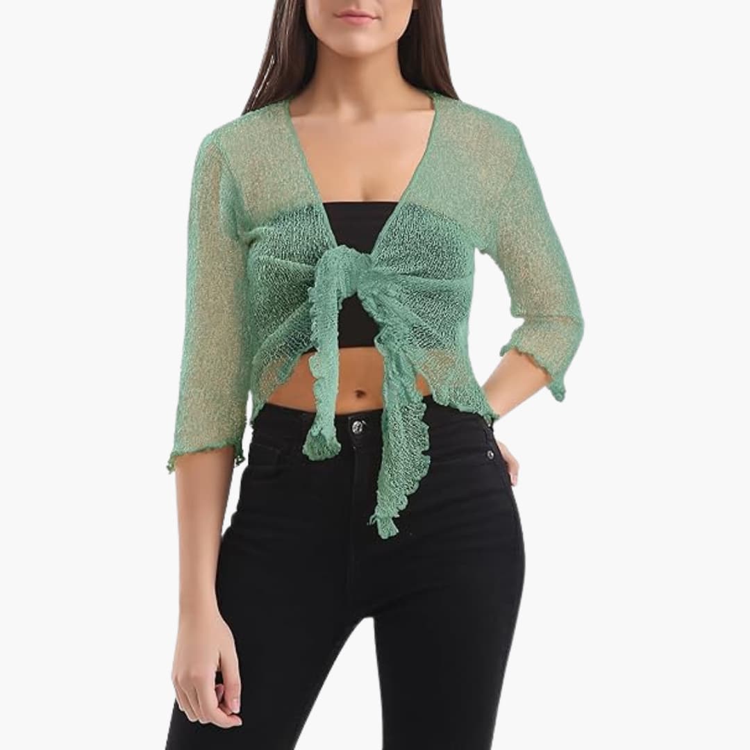 Women’s sheer cropped tie-up shrug with three-quarter sleeves