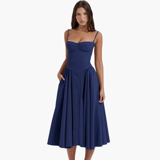 Midi Dress - Women’s Retro Corset Fit with Pleated Skirt
