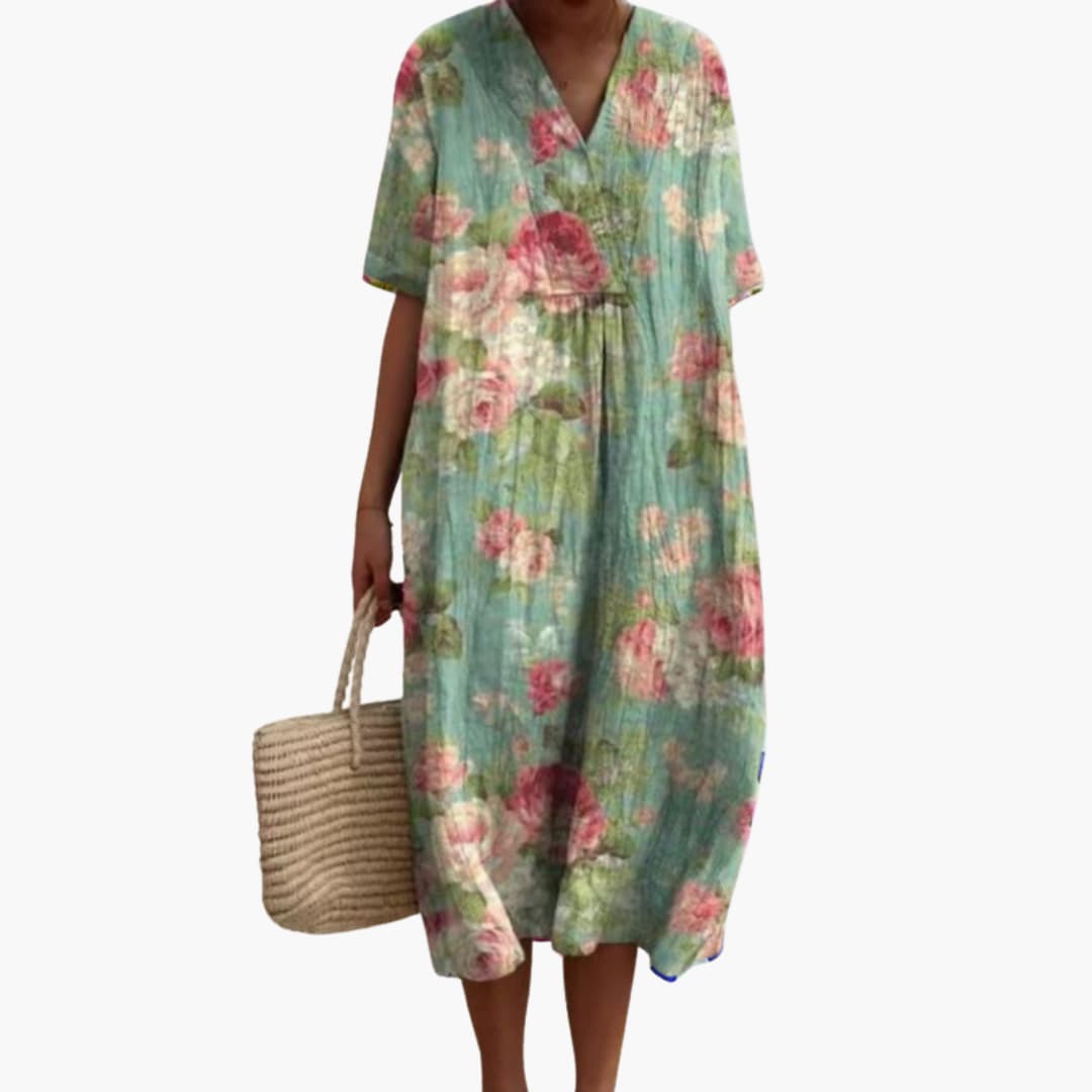Women's floral summer dress with V-neck and short sleeves