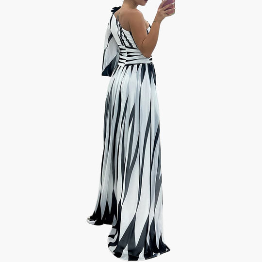 One Shoulder Maxi Dress for Women - Elegant Striped Slit