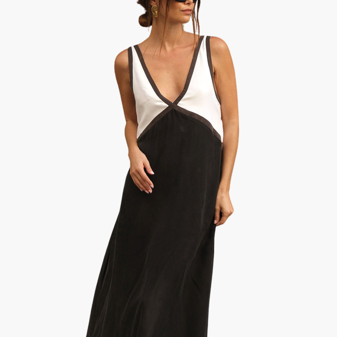V-neck Colour-Block Maxi Dress for Women - Stylish & Lightweight