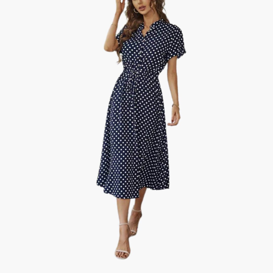 Women’s midi dress with short sleeves and button front