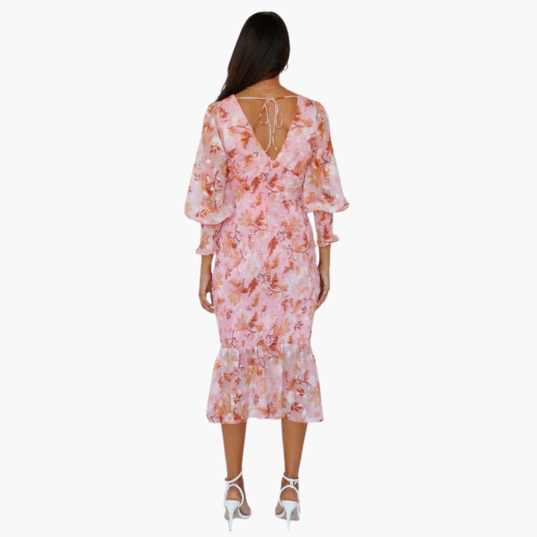Puff Sleeve Midi Dress for Women - V Neck Floral Style