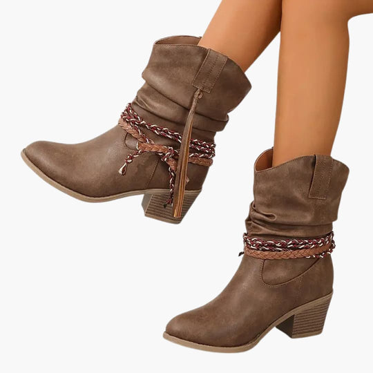 Women’s Western ankle boots with block heel and tassel detail