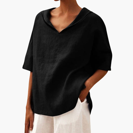 Women’s short sleeve blouse with V-neck and side slits