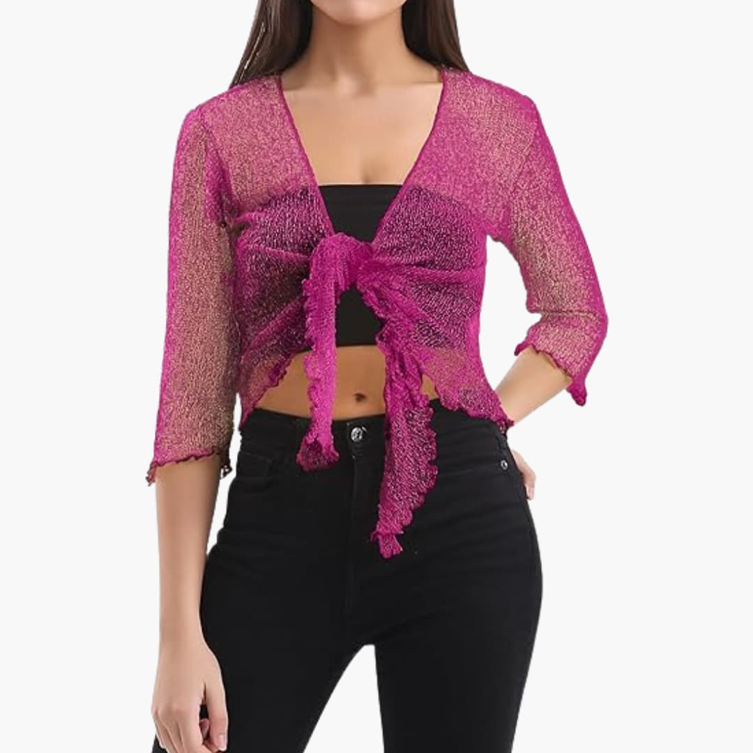 Women’s cropped tie-up shrug with sheer knit sleeves
