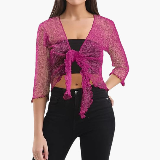 Women’s cropped tie-up shrug with sheer knit sleeves