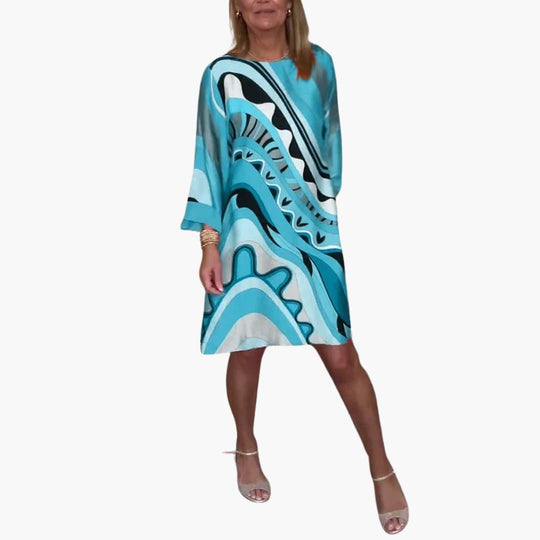 Printed Midi Dress with Bell Sleeves - Casual Fit for Women