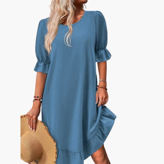 Summer Dress - Women’s Puff Sleeve Ruffle Hem Casual Fit