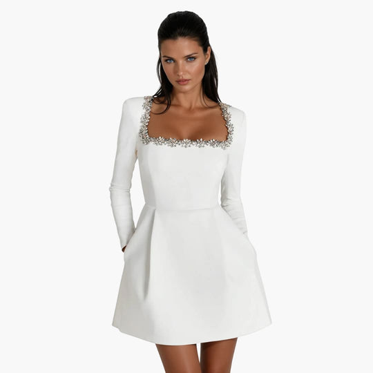 Women’s mini dress with long sleeves and square neckline