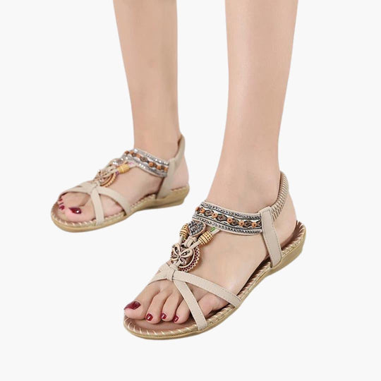 Beaded Boho Flat Sandals for Women – Elastic Strap Comfort - IsabellaMae