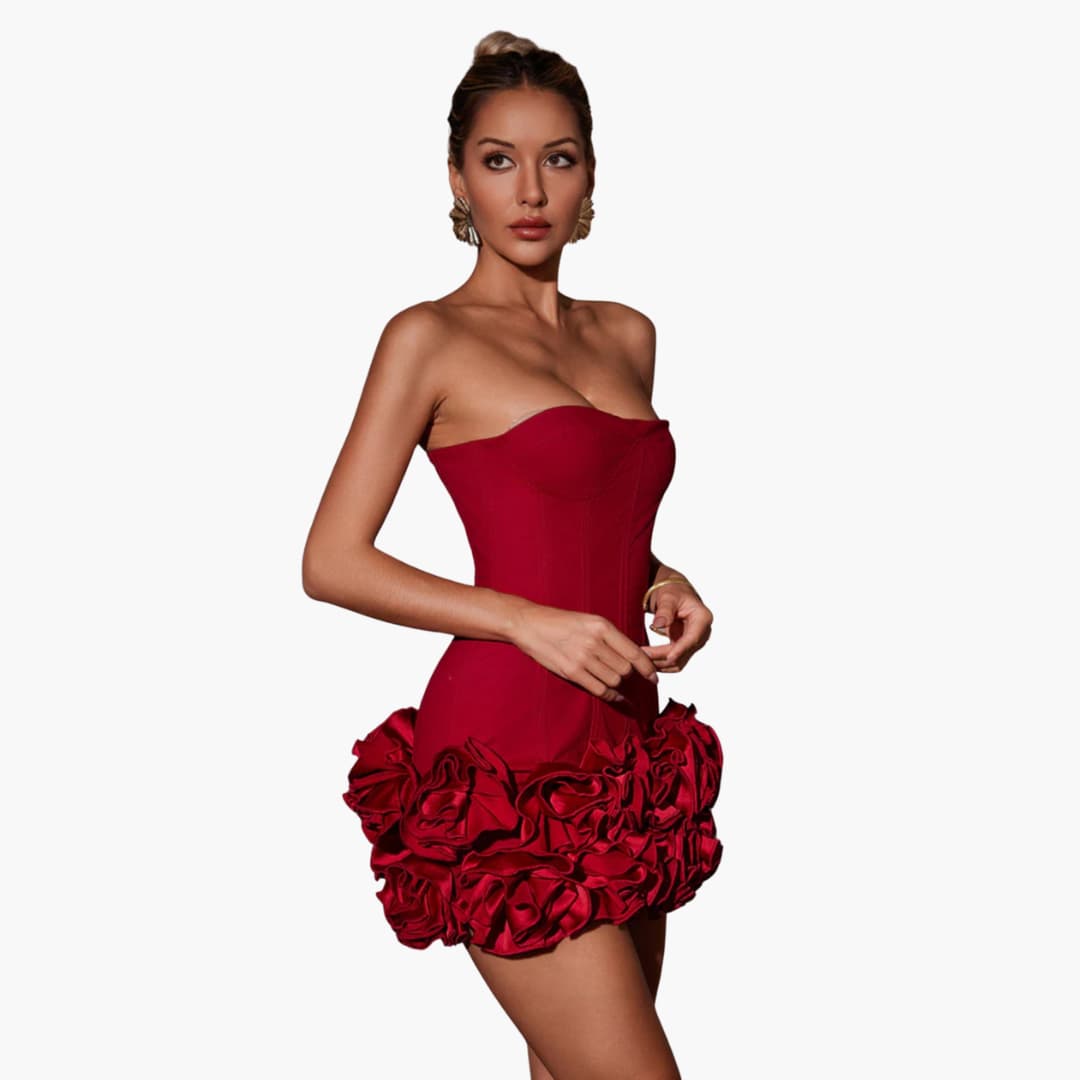 Women’s mini dress with strapless bodice and ruffled skirt