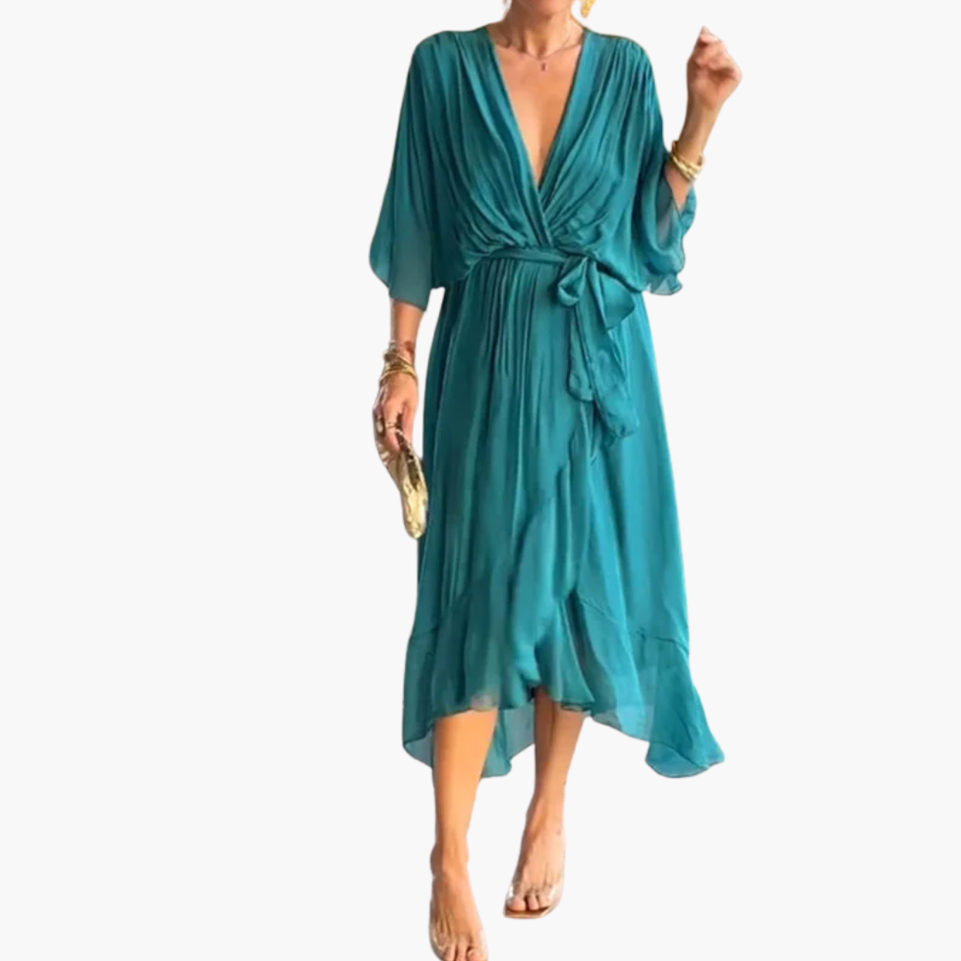 Chiffon Midi Dress with V-Neck and Belt - Women’s Stylish Wear