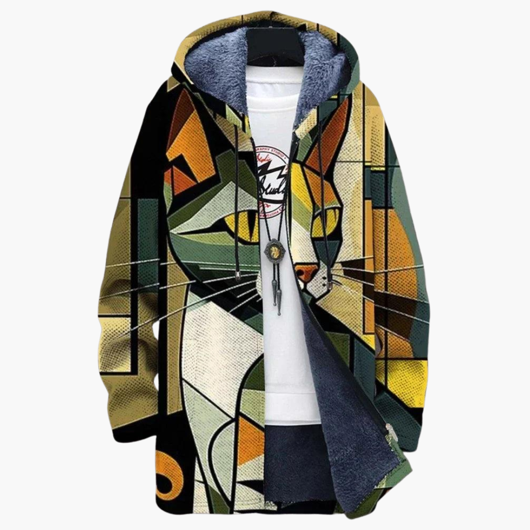Cat Print Fleece Jacket - Men's Graphic Zip Up Hoodie
