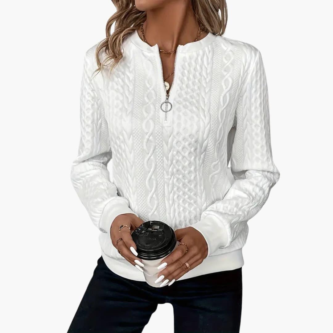 Cable Knit Zip Sweater – Women's Long Sleeve Pullover - IsabellaMae