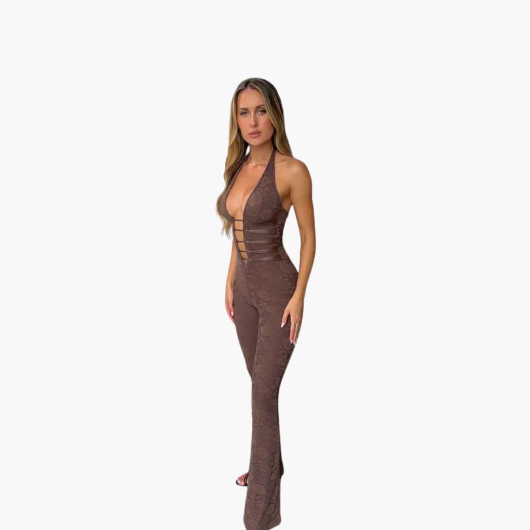 Women’s sleeveless jumpsuit with flared legs and lace-up front
