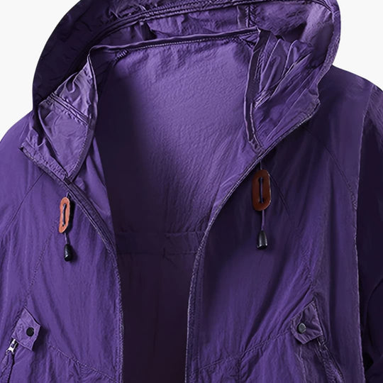 Unisex windbreaker jacket with hood and zip pockets for outdoors