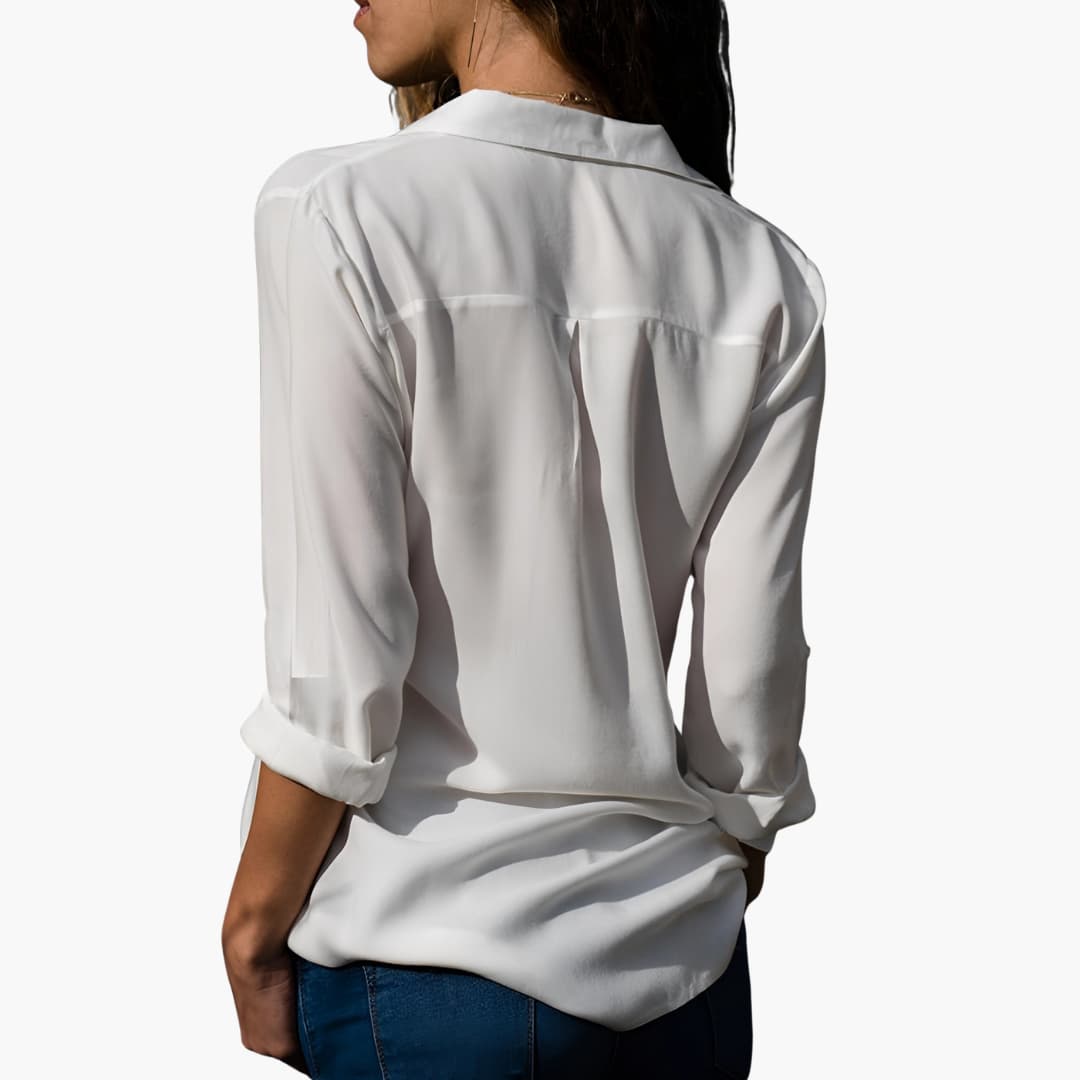 Women’s silk long sleeve blouse with collared V-neck front