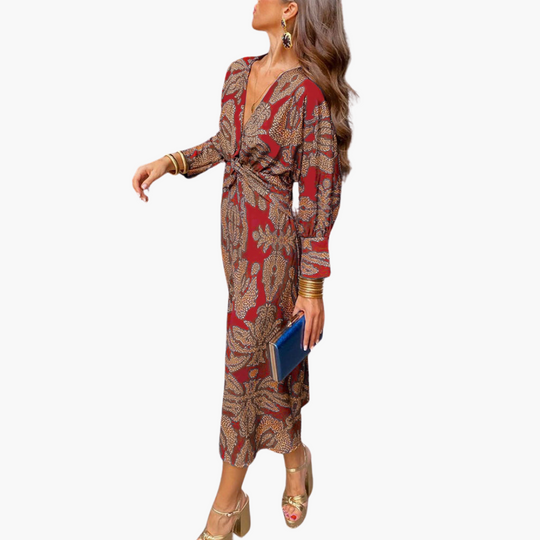 Printed Twist Front Midi Dress for Women – V-Neck & Long Sleeve