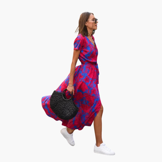 Floral Wrap Midi Dress with Tie Waist - Casual Dress for Women