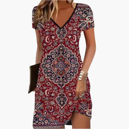 Women’s cocktail dress with V-neck and short sleeves