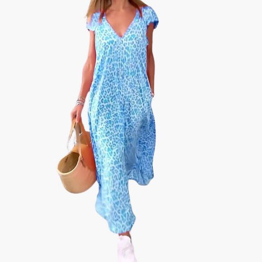Leopard Print Midi Dress for Women – V-Neck & Loose Fit