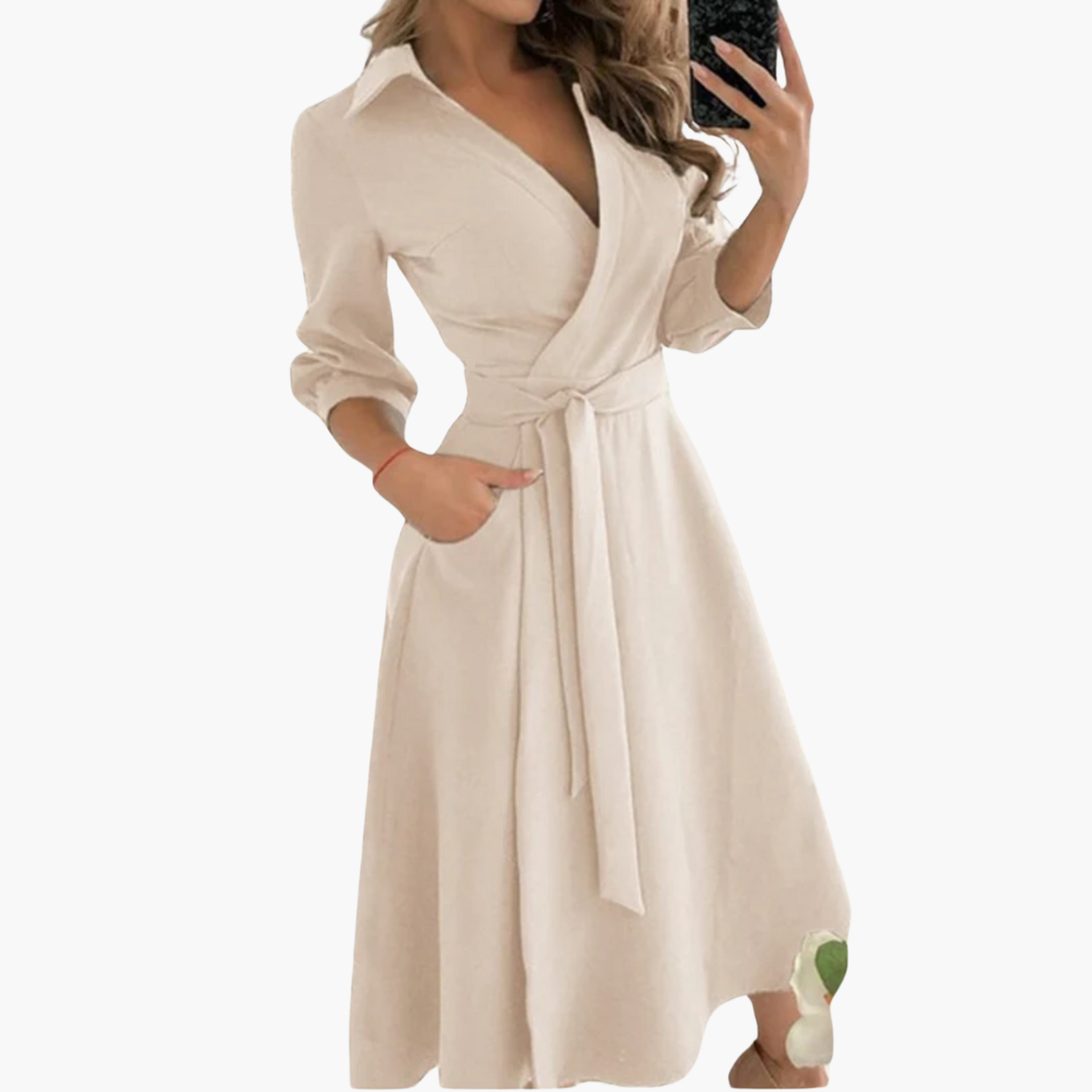Geometric Print Wrap Midi Dress – Women's Elegant Sleeve