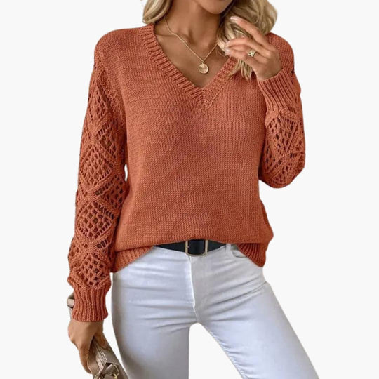 Jade | Stylish V-Neck Sweater With Handmade Details - IsabellaMae