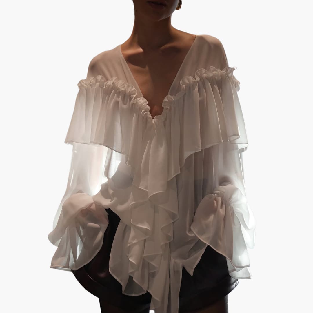 Women’s chiffon long sleeve blouse with V-neck and ruffles