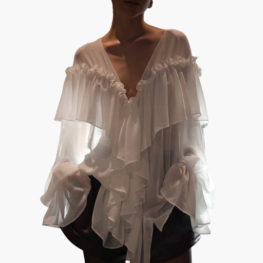 Women’s chiffon long sleeve blouse with V-neck and ruffles