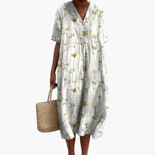 Women's floral summer dress with V-neck and short sleeves