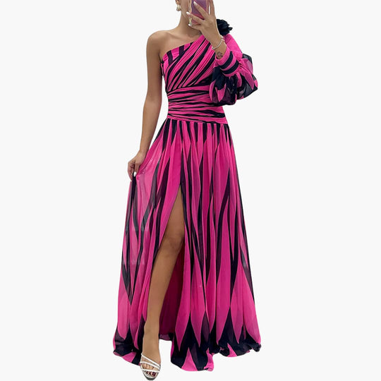 One Shoulder Maxi Dress for Women - Elegant Striped Slit