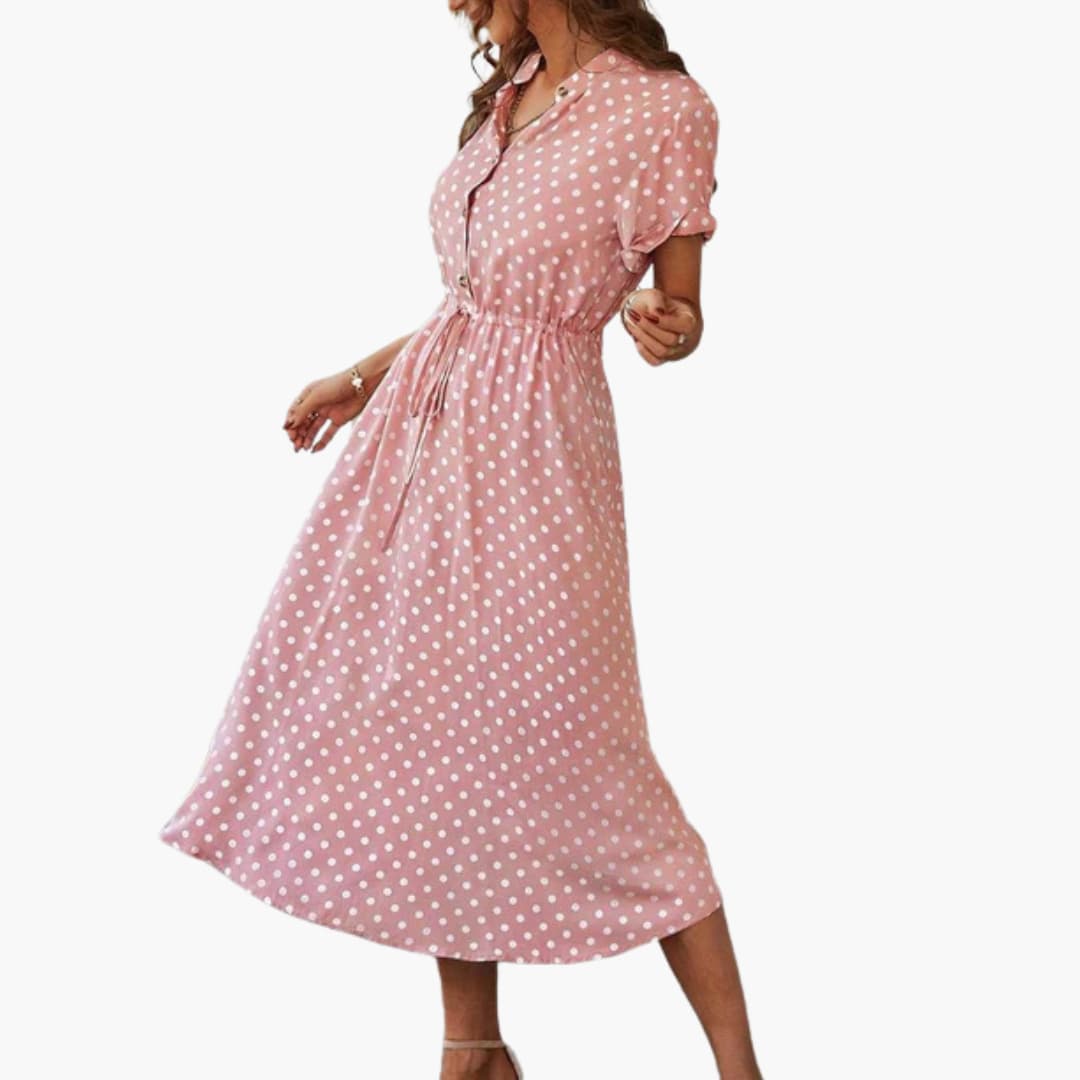 Women’s midi dress with short sleeves and button front