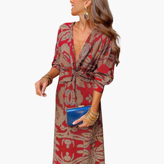 Printed Twist Front Midi Dress for Women – V-Neck & Long Sleeve