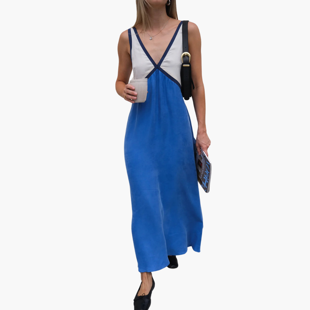 V-neck Colour-Block Maxi Dress for Women - Stylish & Lightweight