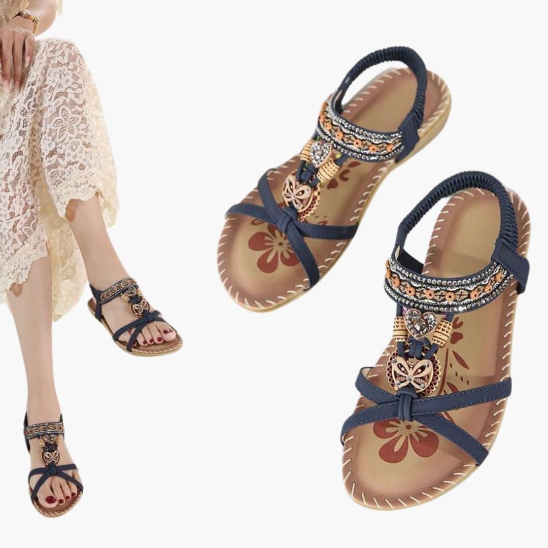 Beaded Boho Flat Sandals for Women – Elastic Strap Comfort - IsabellaMae