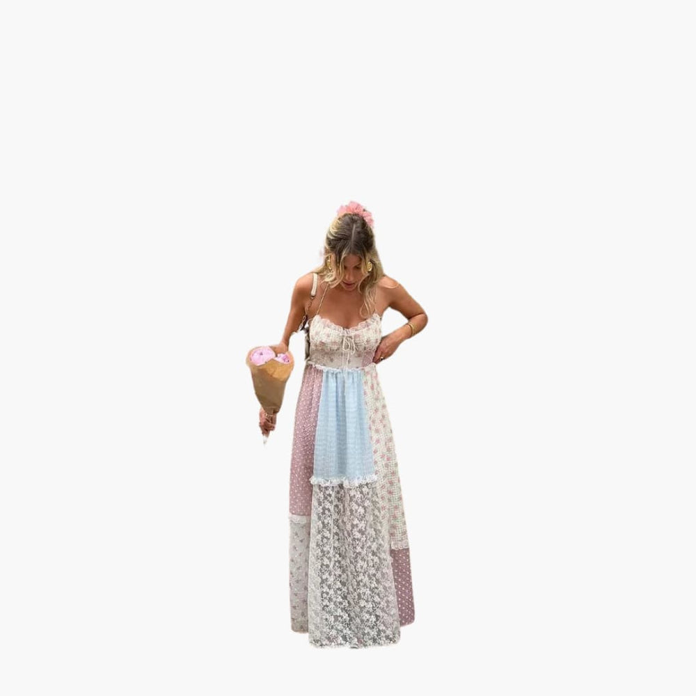Elegant Strappy Patchwork Maxi Dress - Women's Boho Style