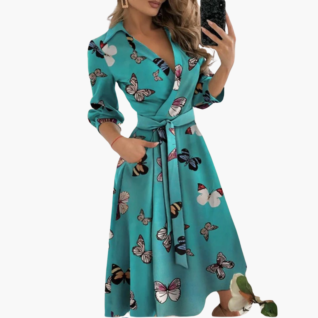 Geometric Print Wrap Midi Dress – Women's Elegant Sleeve
