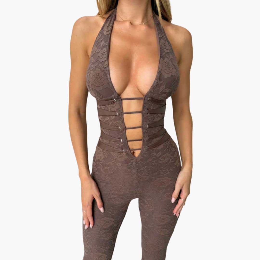 Women’s sleeveless jumpsuit with flared legs and lace-up front