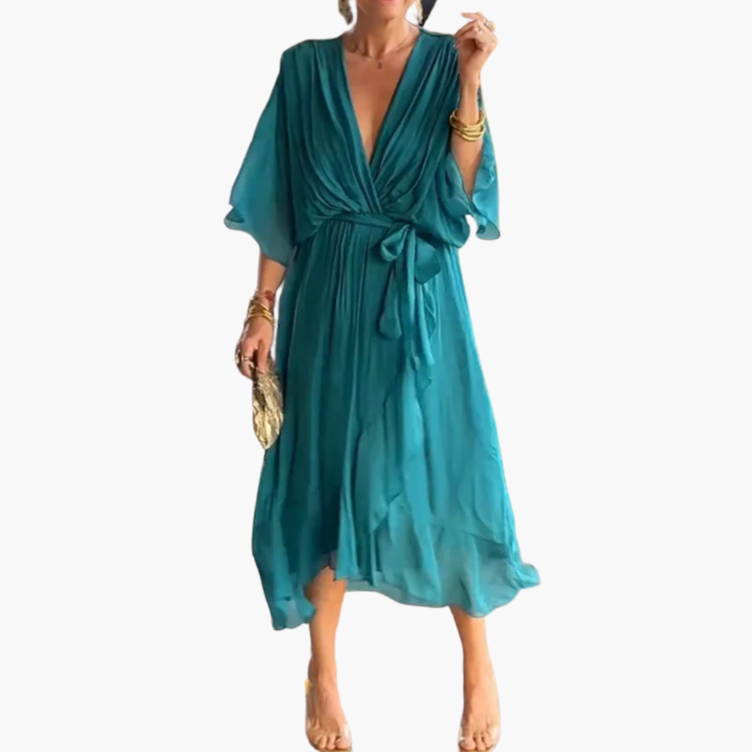 Chiffon Midi Dress with V-Neck and Belt - Women’s Stylish Wear